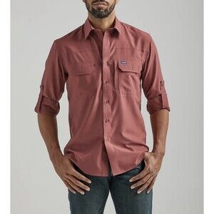 Wangler Men Performance Button Long Sleeve Solid Shirt Red Size Medium